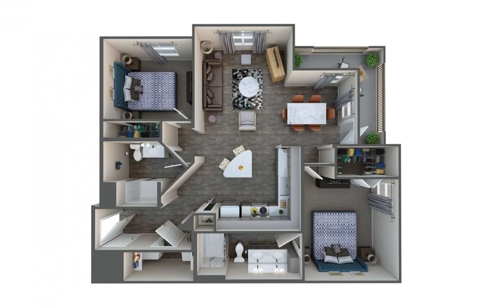 Hickory  - 2 bedroom floorplan layout with 2 baths and 1045 square feet.