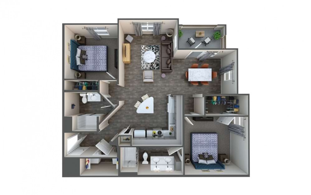 Cedar - 2 bedroom floorplan layout with 2 baths and 1124 square feet.